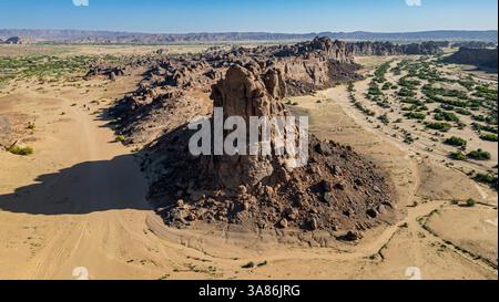 Aerial of the rocky mountains around Zouar, Tibesti Mountains, Chad Stock Photo