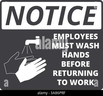 Gray and white notice employees must wash hands before returning to work sign Stock Vector
