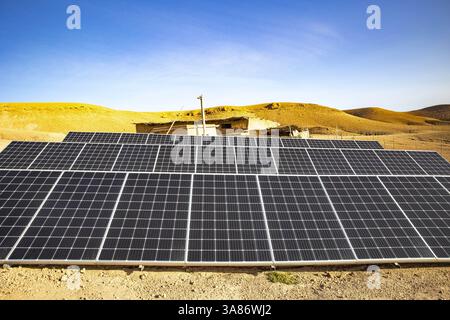Solar panels in a desert camp in Agafay, Morocco Stock Photo