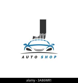letter J logo auto mechanic with car design. Alphabet J automotive car style icon Stock Vector