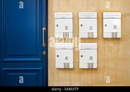 White numbered mailboxes with the inscription "No Junk Mail" on an old yellow wall with peeling plaster, next to a blue door with a large metal handle Stock Photo