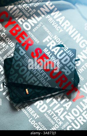 Top view of laptop with system hacked alert hologram interface. Compromised information concept. Internet virus cyber security and cybercrime. Stock Photo