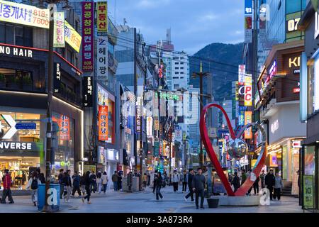 Shops on Seomyeon Young Street at dusk, Seomyeon, Busan, South Korea, Asia Stock Photo