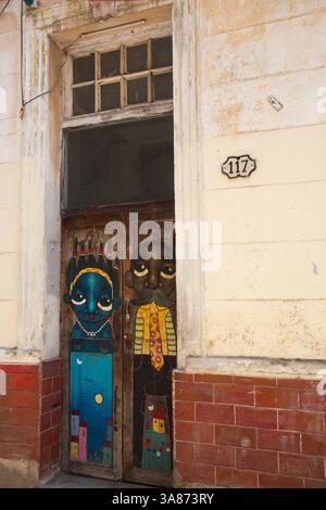 Door Paintings, Street, Old Havana, Havana, Cuba Stock Photo