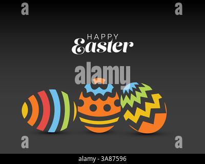 A festive design featuring three colorful Easter eggs with stripes and zigzag patterns on dark background. The 'Happy Easter' greeting adds a cheerful Stock Vector