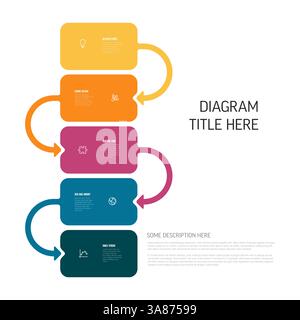 A vibrant infographic diagram featuring five stacked steps in different colors, connected by curved arrows. Perfect for illustrating processes, workfl Stock Vector