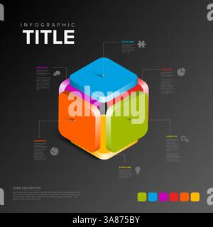 A 3D colorful dark infographic cube with segmented blue, orange, green, and red sections. It includes labeled icons with text details, ideal for prese Stock Vector