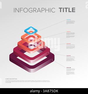 This vibrant layered 3D infographic pyramid diagram uses a colorful gradient design to represent hierarchical data. Detailed annotations explain vario Stock Vector