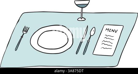 Table in restaurant with menu card, glass of wine, plate cutlery. Reserved table in modern cafe with tablecloth. Hand drawn isolated vector Stock Vector
