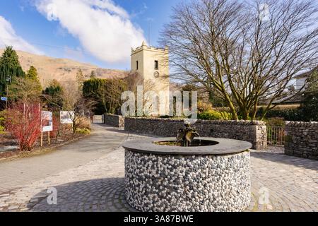View to St Oswald's church in Lake District National Park village. Grasmere, Cumbria, England, UK, Britain Stock Photo