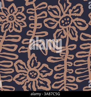 Brush strokes inky flowers brown seamless pattern Stock Vector