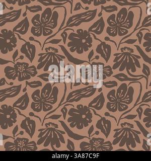 Brush strokes inky flowers brown seamless pattern Stock Vector
