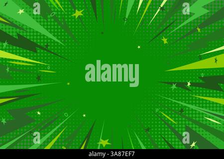 Green comic book background. Modern creative pop art halftone style background with stars and decorative circles Stock Vector
