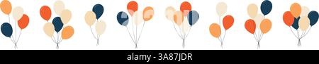 Bundle of balloons with strings, simple doodle outline, floating party decoration for birthday celebration. Flat vector illustration isolated on white Stock Vector