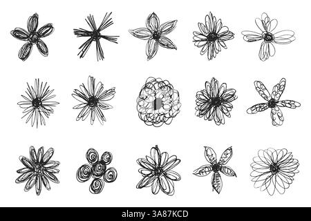 Scribble floral set, messy lines flower head set. Tangled chaotic crazy lines flower collection. Scrawl messy lines forming creative flower shapes.  Stock Vector