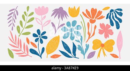 Crayon Abstract Flowers and Leaves Set. Hand drawn floral shapes with crayon, chalk or charcoal texture drawn manual on paper. Bold Flowers and leaves Stock Vector