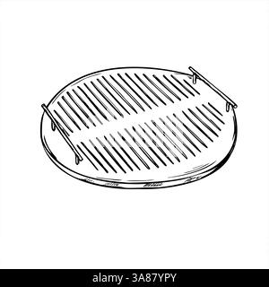Vector round grill grid with two handles line ink illustration in black and white. Wire rack graphic sketch for outdoor cooking manuals and metalwork Stock Vector