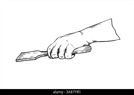 Hand holding wooden spatula for stirring food monochrome vector illustration painted by black inks. Eco friendly minimalist chef utensil art Stock Vector