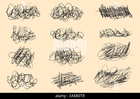 Tangled chaotic crazy lines set. Random chaotic scribble lines collection on yellow background. Scrawl messy lines, expressive linework sketches. Stock Vector