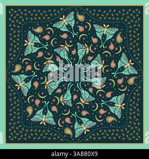 Red and yellow scarf or bandana with luna moths and paisley mandala pattern. Ethnic vibrant carpet design with butterfly Stock Vector