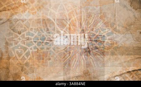 canvas texture background with islamic pattern .the patterns on vintage floor . Old brown rusty vintage worn shabby patchwork motif tiles stone concre Stock Photo