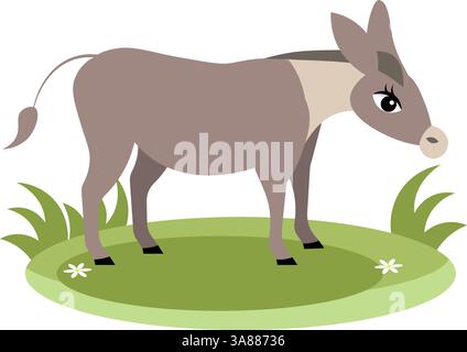 Farm Animals. Cute farm. A grey donkey stands on the green grass. Collection of farm animals. Baby flat vector illustration. Isolated on white backgro Stock Vector