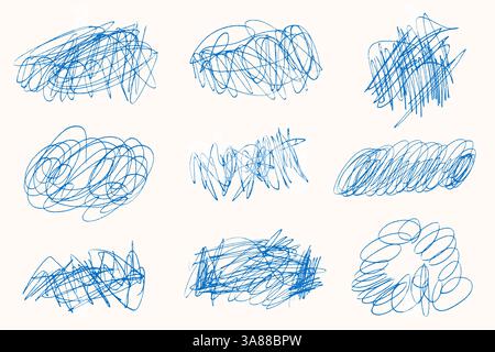 Tangled chaotic crazy lines set. Random blue chaotic scribble lines collection on white background. Scrawl messy lines, expressive linework sketches. Stock Vector