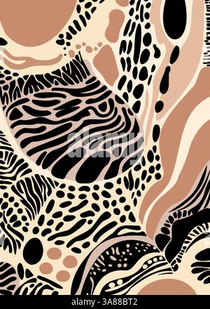 Trendy abstract animal print mix in neutral tones. Ethnic-inspired vector design with smooth shapes, perfect for fashion, decor, and accessories. Stock Vector