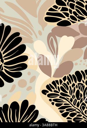 Minimal abstract floral pattern in neutral tones. Ethnic-inspired vector design with smooth shapes, perfect for modern decor and fashion. Stock Vector