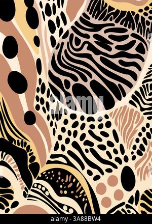 Trendy abstract animal print mix in neutral tones. Ethnic-inspired vector design with smooth shapes, perfect for fashion, decor, and accessories. Stock Vector