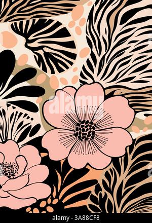 Minimal abstract floral pattern in neutral tones. Ethnic-inspired vector design with smooth shapes, perfect for modern decor and fashion. Stock Vector