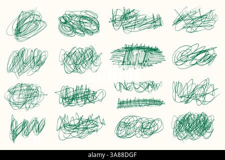 Tangled chaotic crazy lines set. Random green chaotic scribble lines collection on white background. Scrawl messy lines, expressive linework sketches. Stock Vector