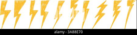 Yellow Hand-drawn lightning bolt with electric flash, thunder energy icon in doodle sketch style, glowing light symbol. Flat vector illustration isola Stock Vector