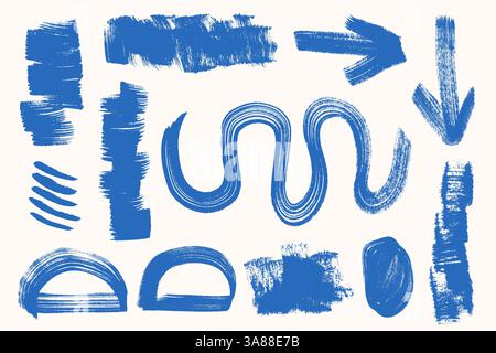 Blue Ink Brush Stroke Collection. Vector dirty grunge brush strokes in different shapes, banners, boxes, splashes and smudges Stock Vector