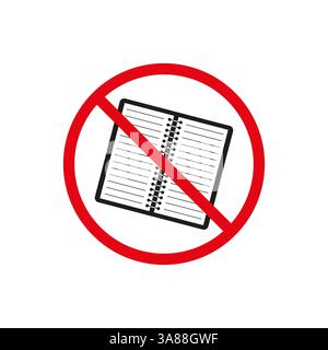 No notebook symbol. Spiral bound book icon. Prohibited sign illustration. Vector illustration. Stock Vector