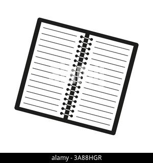 Notebook illustration. Open spiral binding. Lined paper symbol. Black and white vector. Stock Vector