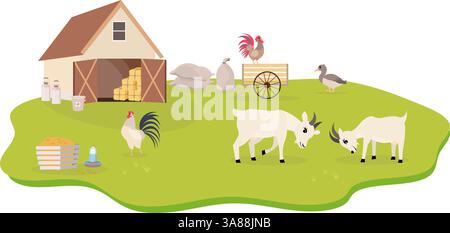 Farm Animals. Cute farm.Roosters, goats and a goose in a farmyard. Collection of farm animals in a barnyard. Baby flat vector illustration. Isolated o Stock Vector