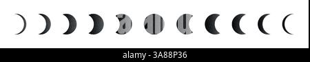 Lunar moon phases with crescent, half, and full cycle, eclipse silhouette, night sky planetary symbol in black and white. Flat vector illustration iso Stock Vector