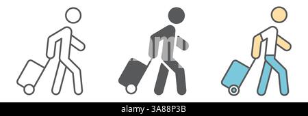 Person pulling luggage icon collection, migration and tourist, passenger with rolling bag vector icon set, vector graphics, editable stroke outline si Stock Vector