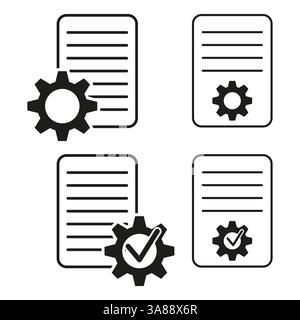 Documents with gears. Abstract technical design. Black and white layout. Vector illustration. Stock Vector