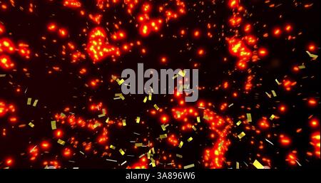 Image of golden confetti falling over glowing orange spots Stock Photo