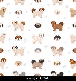 Kyi-Leo dog seamless pattern. Maltese Lhasa Apso mix. Different coat colors set.  Vector illustration Stock Vector