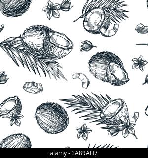 Vector seamless pattern with broken coconuts, plumeria flowers and palm leaves. Hand drawn sketch illustration. Food vegetarian organic products. Fabr Stock Vector