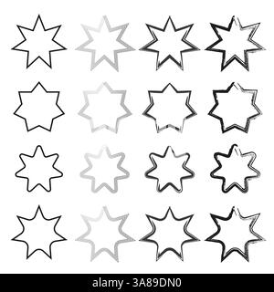 Set of star shapes. Abstract eight pointed. Geometric outline symbols. Black artistic elements. Stock Vector