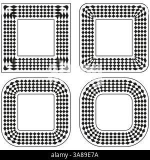 Checkered frame icons. Hypnotic squares pattern. Black white border. Vector geometric shape. Stock Vector