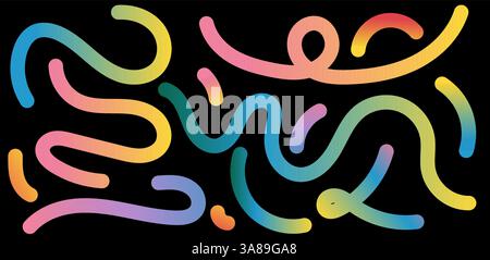 Abstract 3D wavy gradient background with fluid shapes and dynamic curves. Vibrant neon colours, geometric swirls, and playful squiggle patterns Stock Vector