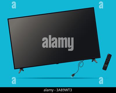 TV screen with remote control levitation on blue background. Vector illustration. Stock Vector