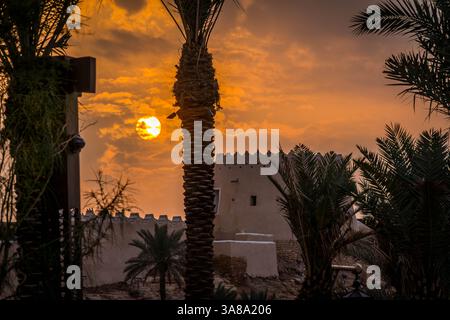 The yellow sun behind the palm tree and Saudi fortress with the dramatic cloudy sky during the hot summer sunset. Stock Photo