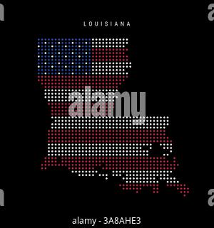 Louisiana US state dot pixel map in the colors of the American flag. Flat vector illustration isolated on black background. Stock Vector