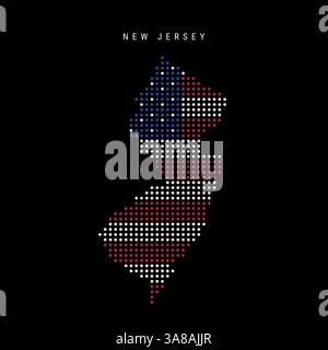 New Jersey US state dot pixel map in the colors of the American flag. Flat vector illustration isolated on black background. Stock Vector
